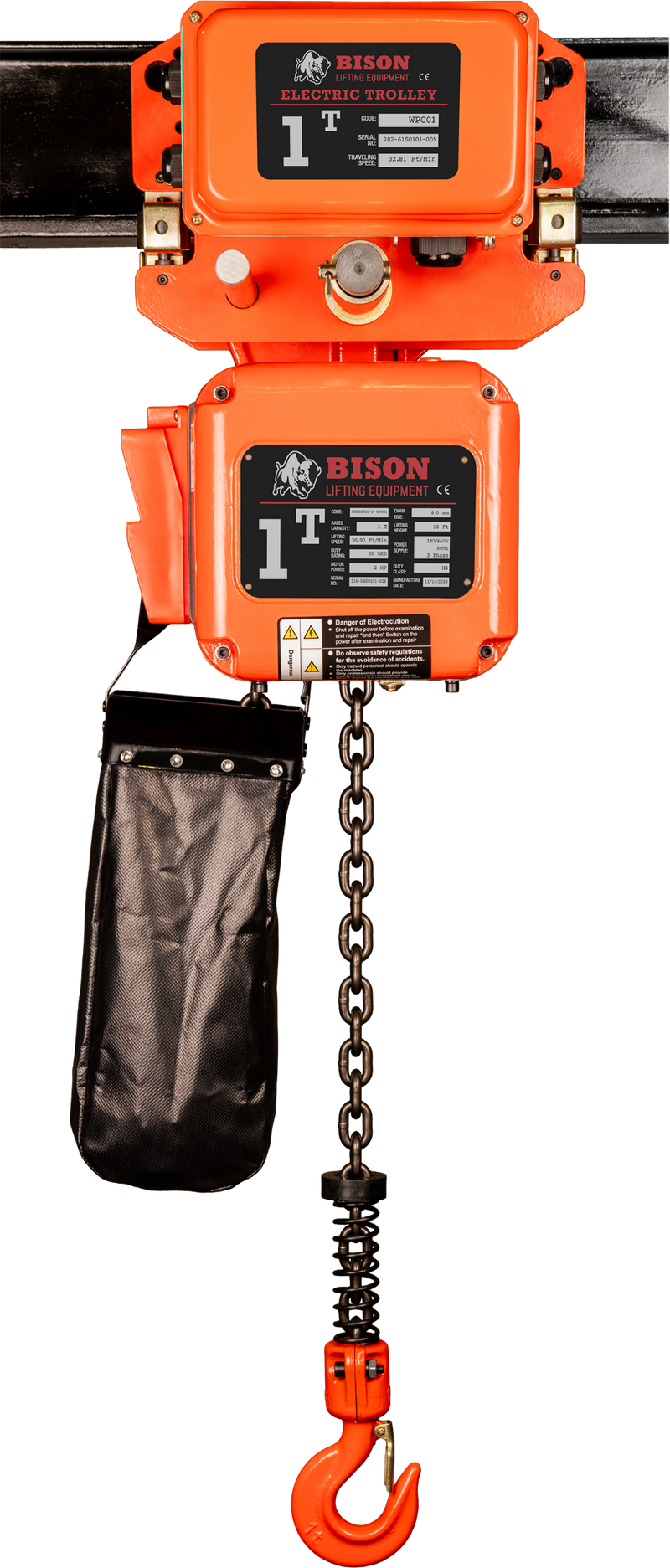 Bison 3 Phase, Electric Chain Hoist with Motorized Trolley, 20 Ft. 230v/460v  (1 - 5 Ton)