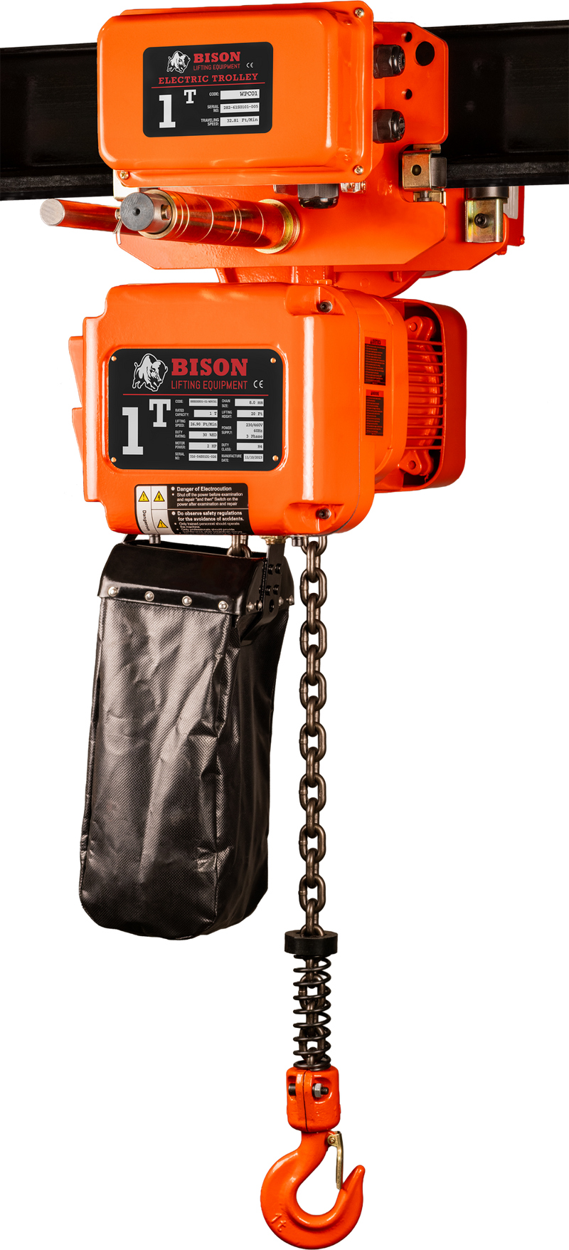 Bison 3 Phase, 2-Speed Electric Chain Hoist with Motorized Trolley, 20 Ft, 230v/460v  (1/2 - 5 Ton)