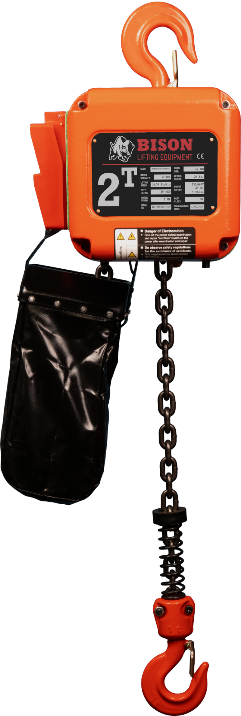 Bison 3 Phase, 2-Speed Electric Chain Hoist , 20 Ft, 230v/460v  (1/2 - 5 Ton)