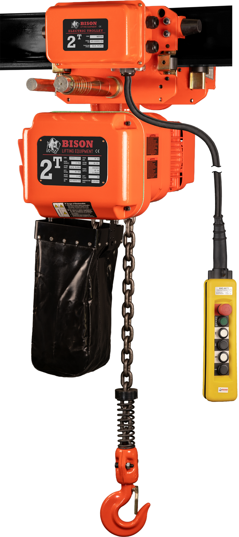 Bison 3 Phase, Electric Chain Hoist with Motorized Trolley, 20 Ft. 230v/460v  (1 - 5 Ton)