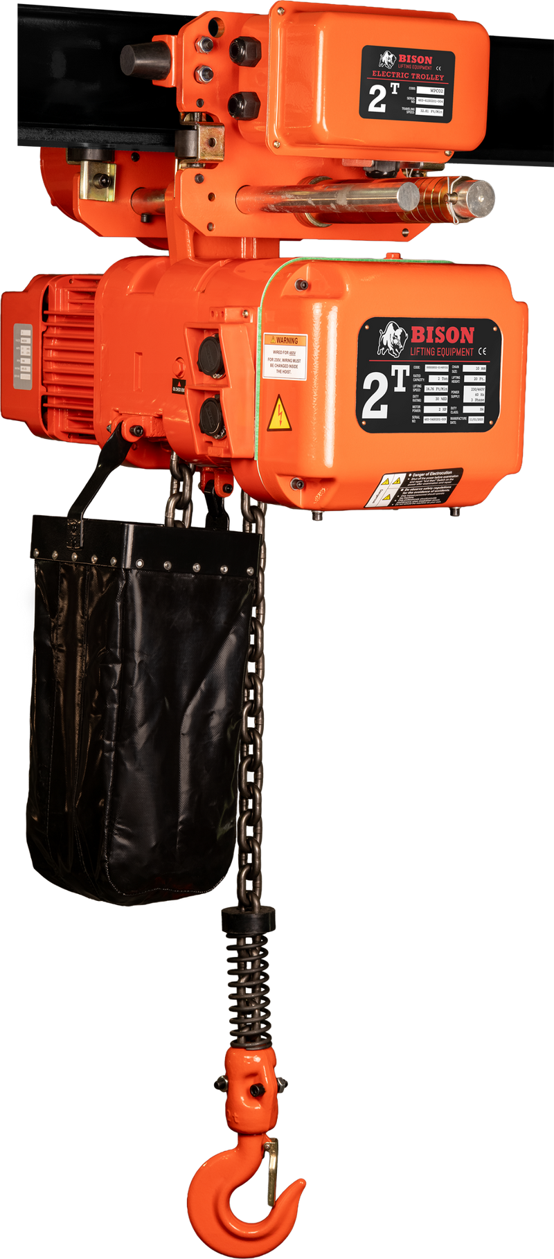 Bison 3 Phase, Electric Chain Hoist with Motorized Trolley, 20 Ft. 230v/460v  (1 - 5 Ton)