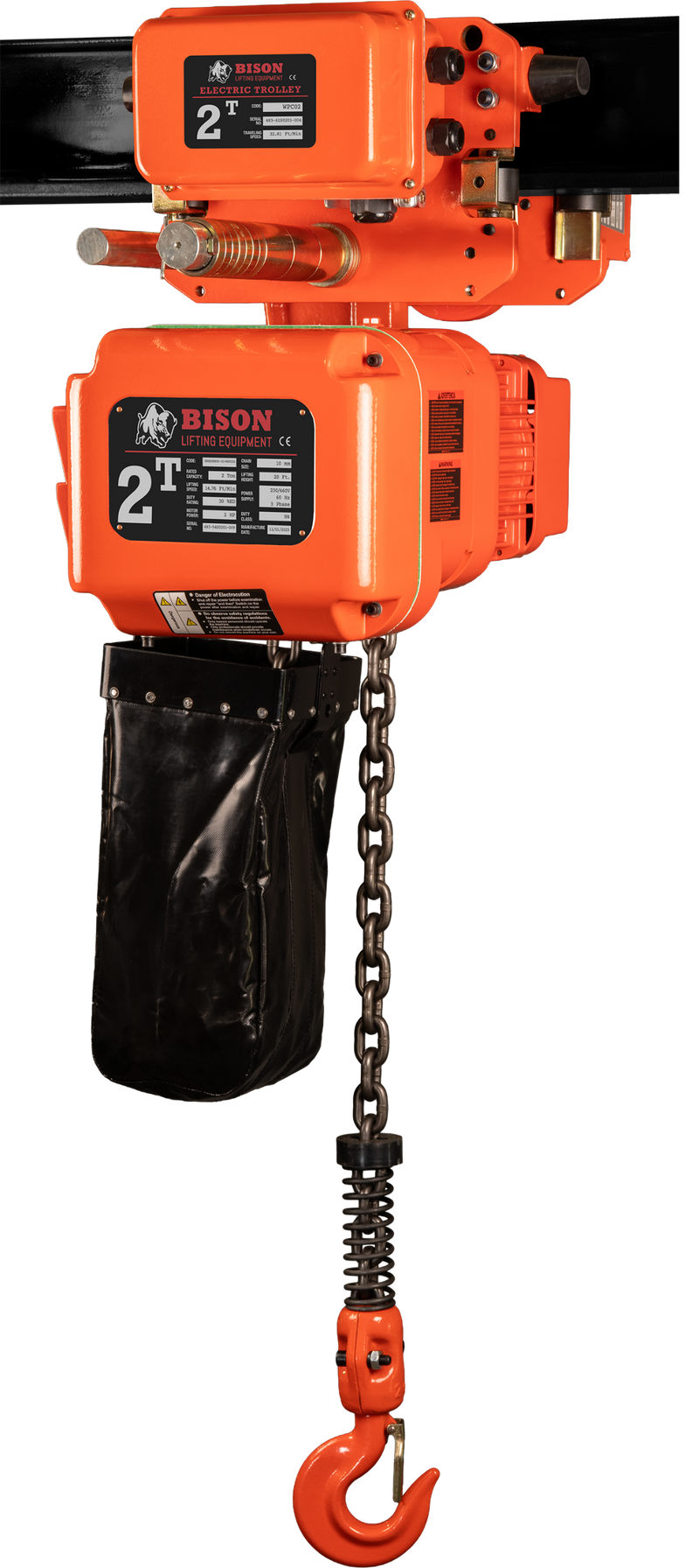 Bison 3 Phase, 2-Speed Electric Chain Hoist with Motorized Trolley, 20 Ft, 230v/460v  (1/2 - 5 Ton)