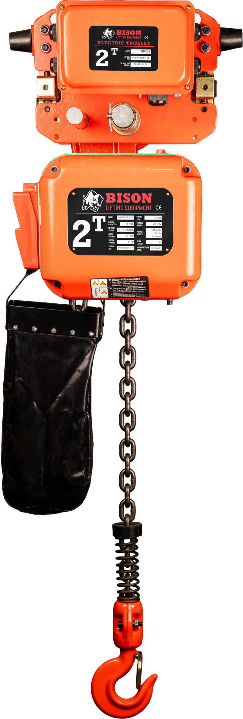 Bison 3 Phase, 2-Speed Electric Chain Hoist with Motorized Trolley, 20 Ft, 230v/460v  (1/2 - 5 Ton)