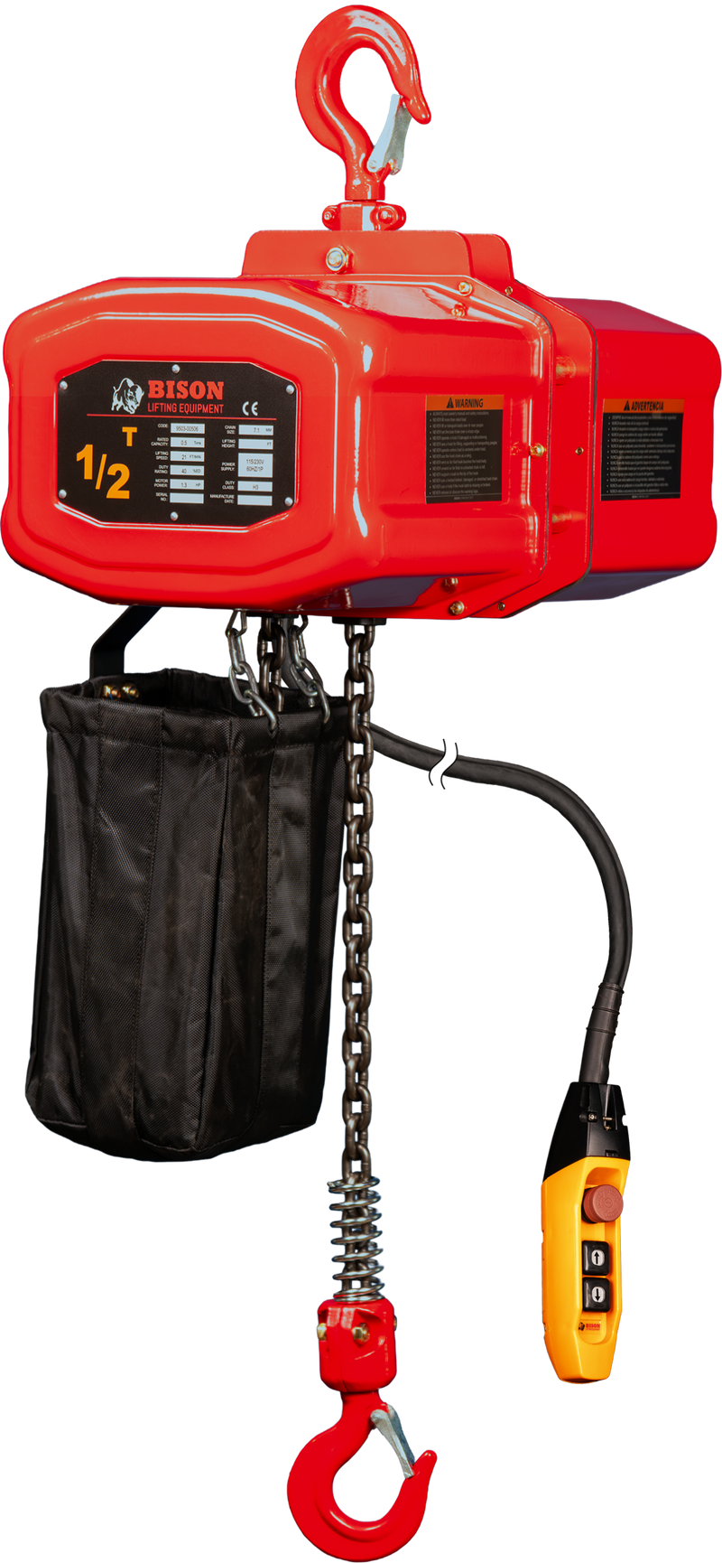 Bison Single Phase Electric Chain Hoist, 20 ft, 115/230v (1/4 - 5 Ton) FREE SHIPPING