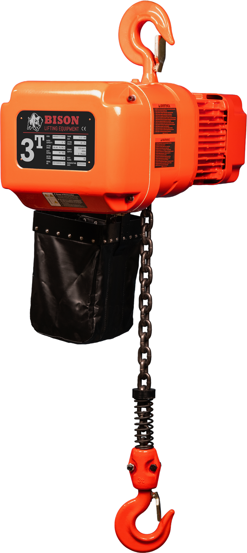 Bison 3 Phase, 2-Speed Electric Chain Hoist , 20 Ft, 230v/460v  (1/2 - 5 Ton)