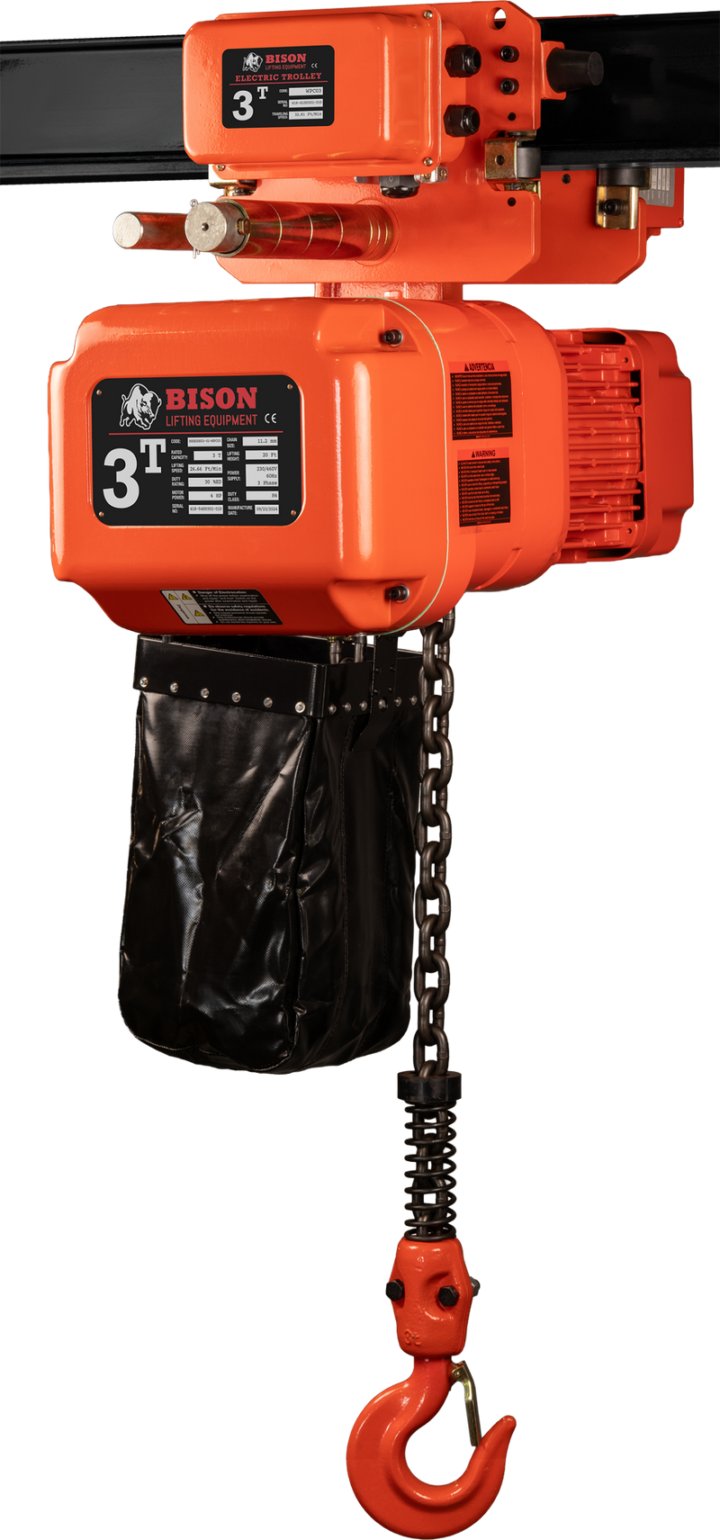 Bison 3 Phase, Electric Chain Hoist with Motorized Trolley, 20 Ft. 230v/460v  (1 - 5 Ton)