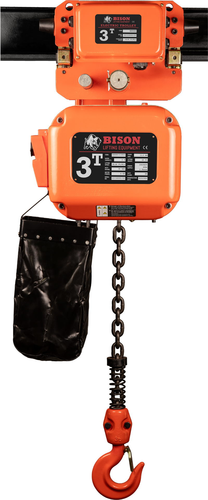 Bison 3 Phase, Electric Chain Hoist with Motorized Trolley, 20 Ft. 230v/460v  (1 - 5 Ton)
