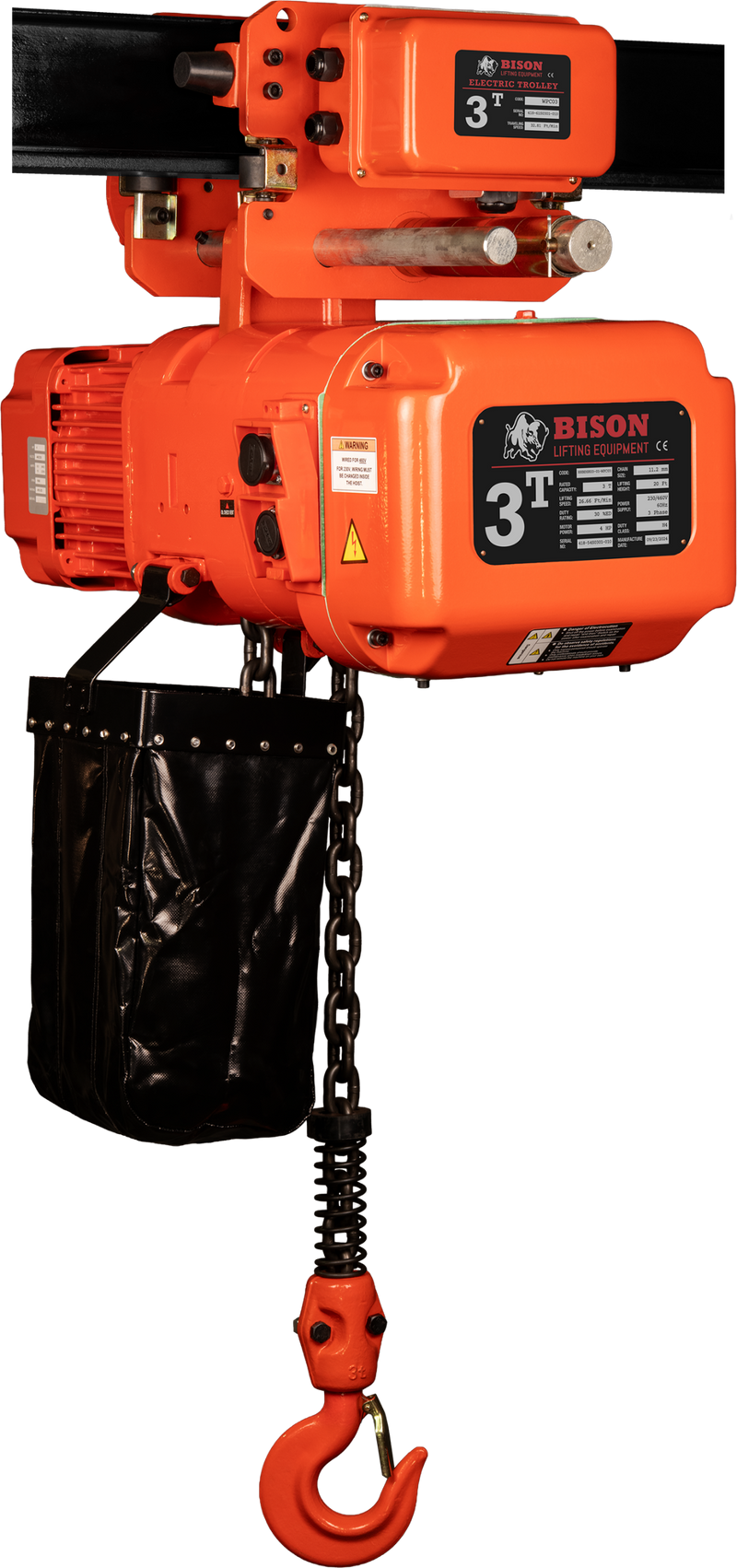 Bison 3 Phase, Electric Chain Hoist with Motorized Trolley, 20 Ft. 230v/460v  (1 - 5 Ton)