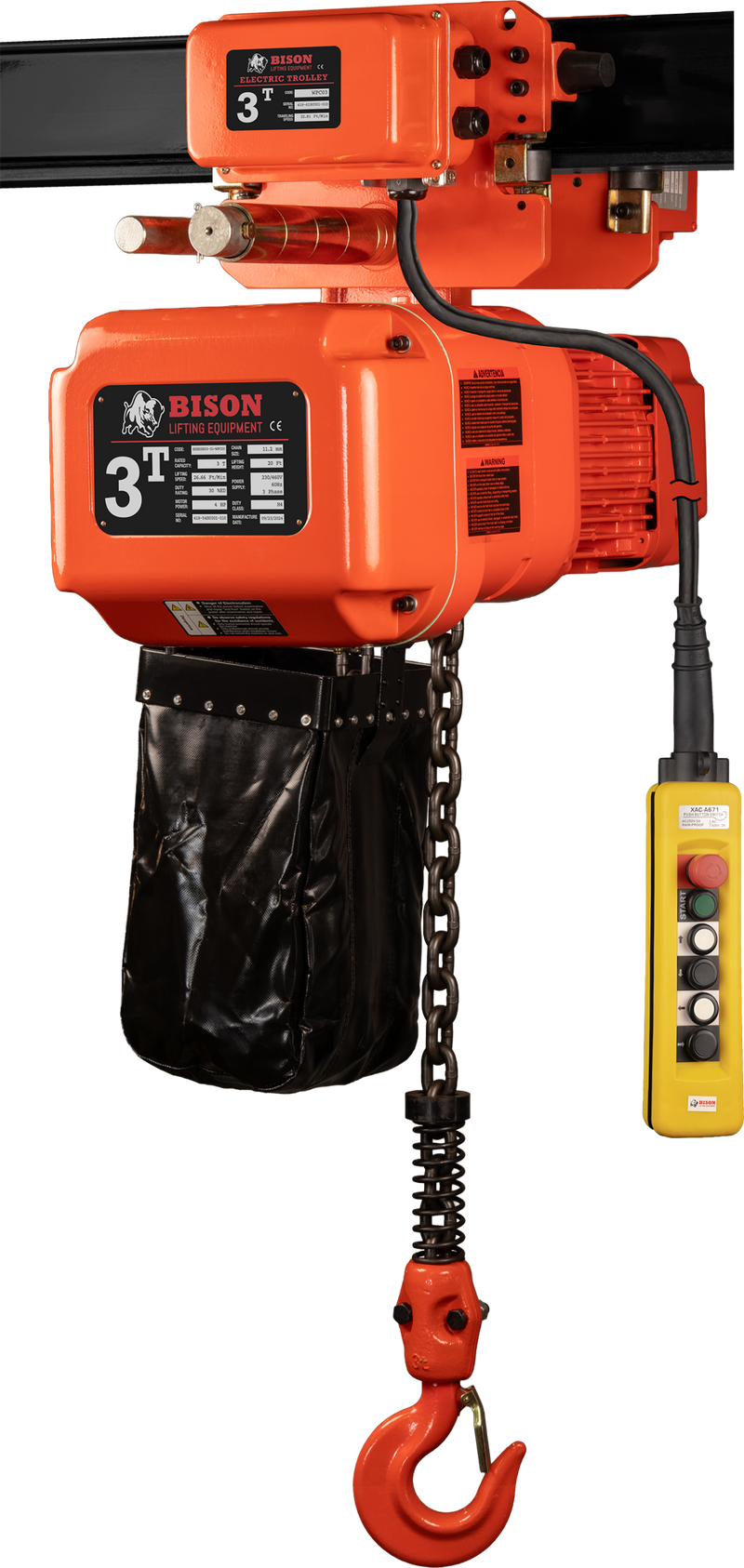 Bison 3 Phase, 2-Speed Electric Chain Hoist with Motorized Trolley, 20 Ft, 230v/460v  (1/2 - 5 Ton)