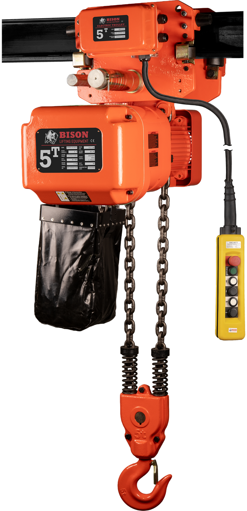 Bison 3 Phase, Electric Chain Hoist with Motorized Trolley, 20 Ft. 230v/460v  (1 - 5 Ton)