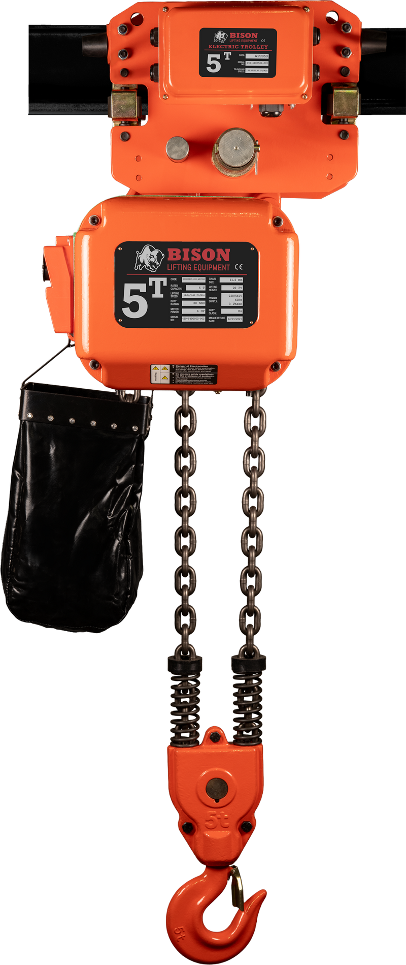 Bison 3 Phase, Electric Chain Hoist with Motorized Trolley, 20 Ft. 230v/460v  (1 - 5 Ton)
