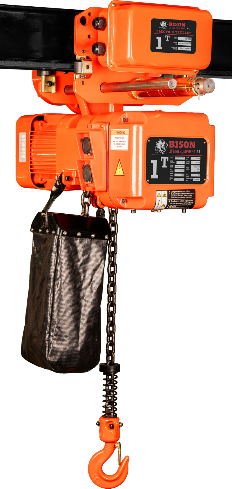 Bison 3 Phase, Electric Chain Hoist with Motorized Trolley, 20 Ft. 230v/460v  (1 - 5 Ton)