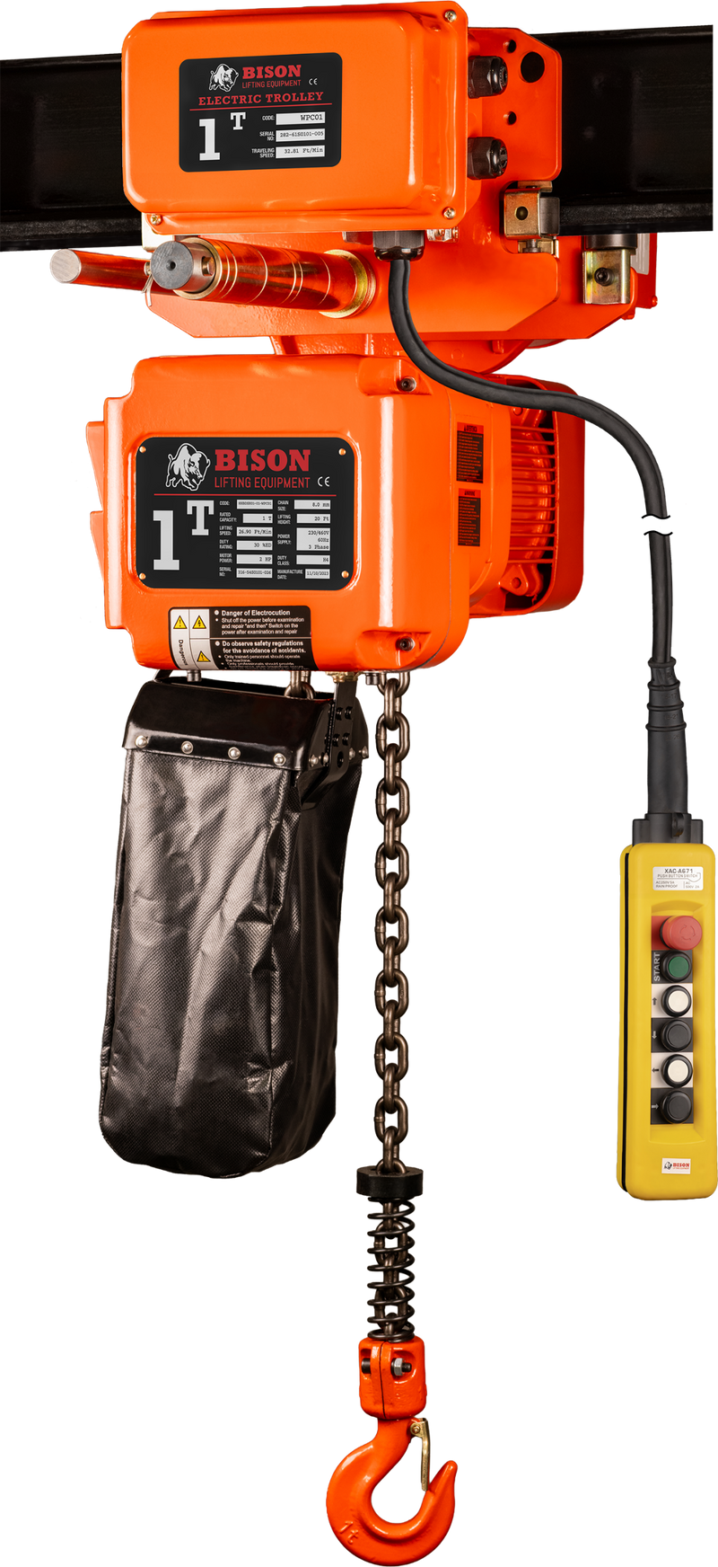 Bison 3 Phase, 2-Speed Electric Chain Hoist with Motorized Trolley, 20 Ft, 230v/460v  (1/2 - 5 Ton)